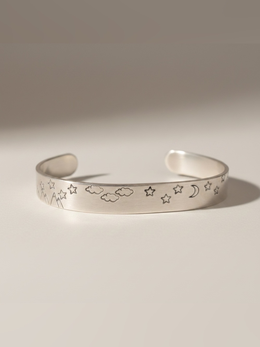 Handmade stamped silver night sky scene adjustable hypoallergenic cuff bracelet